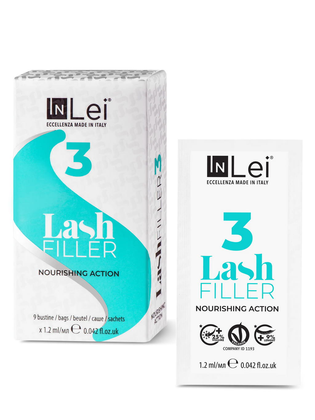 InLei® Lash Filler 3, förpackning med nio dospåsar och en lös påse bredvid