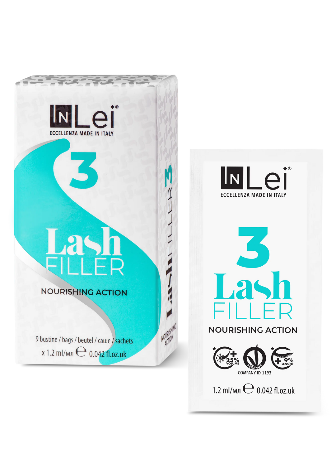 InLei® Lash Filler 3, förpackning med nio dospåsar och en lös påse bredvid
